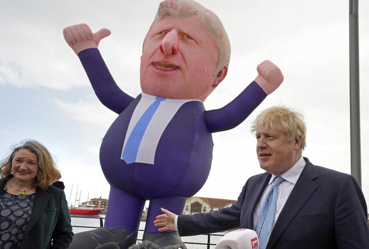 Inflatable Boris in Hartlepool with winner Jill Mortimer - enlarge